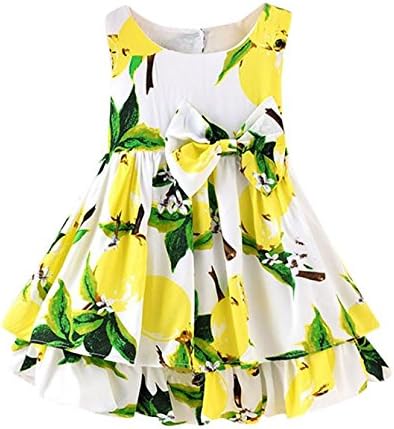 Coper Princess Dress,Baby Girls Lemon Cartoon Print Dress with Bowknot