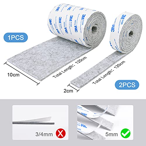 Vicloon Furniture Pad, DIY Furniture Felt Pads Felt Strip Roll, Self Adhesive Floor Protector Pad including 120cm x 10cm*1 Set and 120cm x 2cm*2 Sets, Heavy Duty Pads Tape for Chair Table (Light Gray)