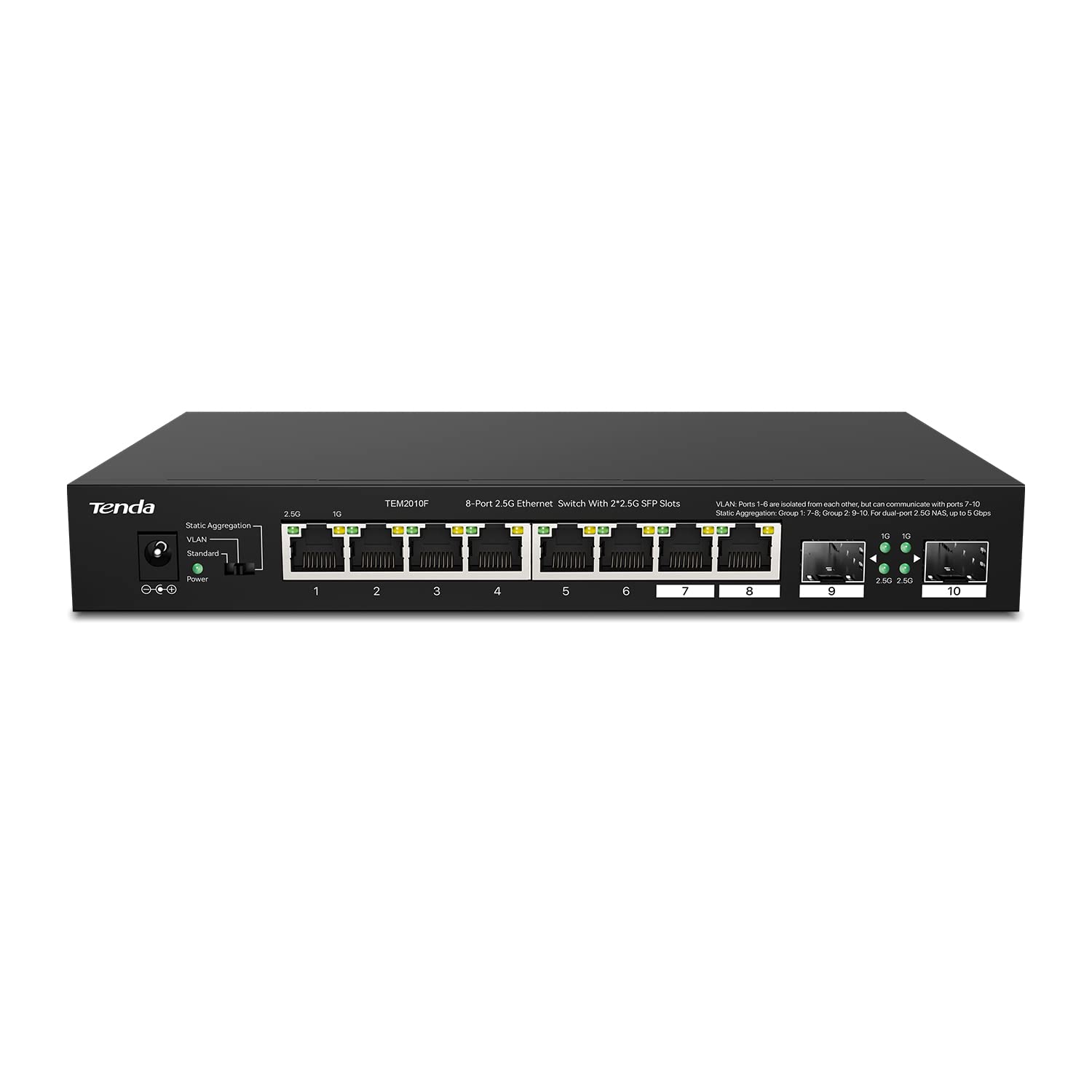 Tenda TEM2010F 10 Ports 2.5G Multi-Gigabit Unmanaged Switch, 2 SFP Ports, VLAN, Static Aggregation, 50Gbps Switching Capacity, Desktop/Wall Mounting, Plug and Play, Black