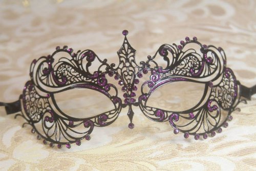Black Extravagant with Purple Glitter Princess Venetian Masquerade Mask with Purple Diamonds