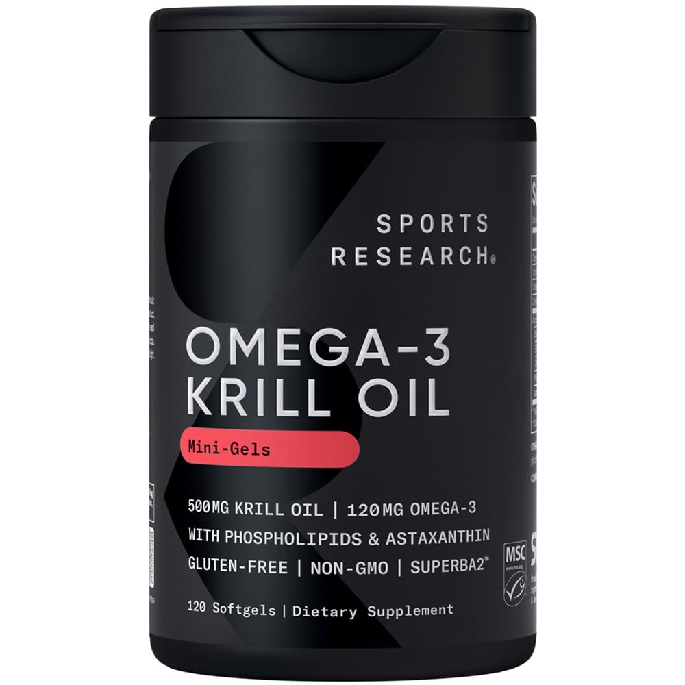 Sports Research® Omega-3 Krill Oil 500mg Mini Gels - Pure Antarctic Superba® Krill w/Choline, Phospholipids & Astaxanthin - MSC Certified Sustainable · Non-GMO · Gluten Free - 120 Count