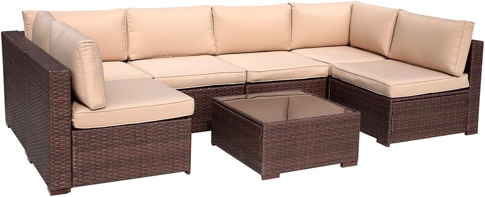 Amazon Com Patiorama Outdoor Patio Furniture Set 7 Piece Sectional Sofa Set All Weather Brown Wicker Furniture With Beige Cushions Glass Coffee Table Single Sofa Chair Garden Outdoor