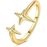 Hapour Adjustable Star Ring for Women 14K Gold Plated S925 Sterling Silver Stackable Open Eternity Band Rings