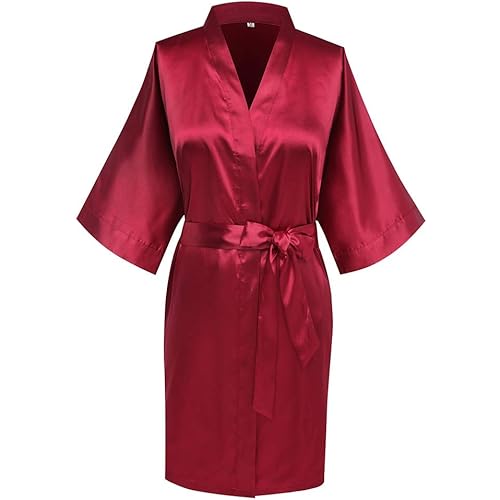 Women's Silky Short Kimono Robes Pure Color Bride Bathrobes for Wedding Bridal Party