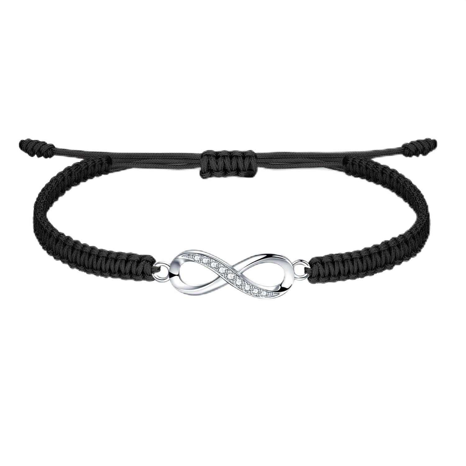 J.Endéar Luck String Bracelet Handmade, 925 Sterling Silver Infinity Bracelet for Women, Braided Filigree Jewellery Girls, Teenager Bracelet Adjustable, Black — image 1