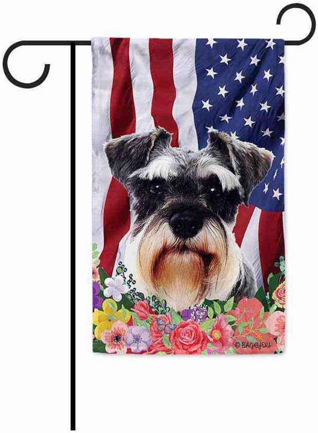 BAGEYOU American Flag with My Love Dog Schnauzer 4th of July Patriotic Decoraive Garden Flag for Outside Colorful Flowers Summer Home Decor Banner 12.5X18 Inch Printed Double Sided