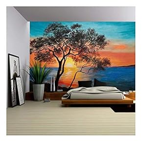 Oil Painting on Canvas - Tree Near The Lake at Sunset, Wallpaper; Decoration - Removable Wall Mural | Self-Adhesive Large Wallpaper - 66x96 inches