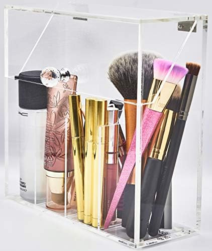Clear Acrylic Cosmetic Makeup Brush Organizer Holder with cover lid and 4 compartments, Dust-proof, vanity display