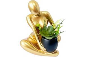 Senea Kay Modern Abstract Woman Thinker Sculpture, Gold Resin Figurine with Removable Faux Succulent Plants, Luxury Home Deco