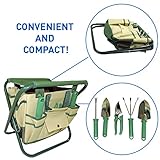 7 Piece Garden Seat Tool Set. Kit Includes 5 Tools: Pruner, Hand Shovel, Cultivator (Hand Rake or Hoe), Trowel, and Weeding Fork. Folding Stool Seat and Detachable Storage Tote Bag
