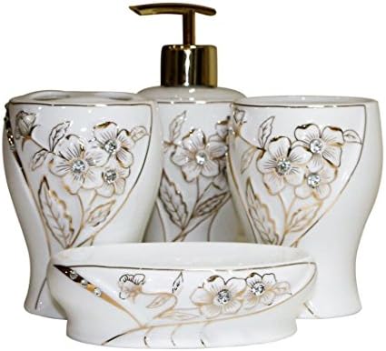 4 piece Floral Design Bathroom Accessories Set Porcelain with Crystal Embellishments (0497)