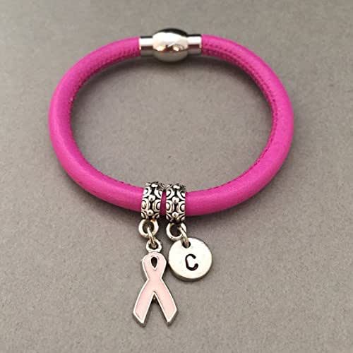 Breast cancer ribbon leather bracelet, breast cancer ribbon