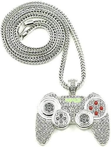 17RainbowRock Rapper Hip Hop Necklace Gamepad Pendant CZ Iced Out Bling Bling Crystal Punk Jewelry 36" Rope Chain