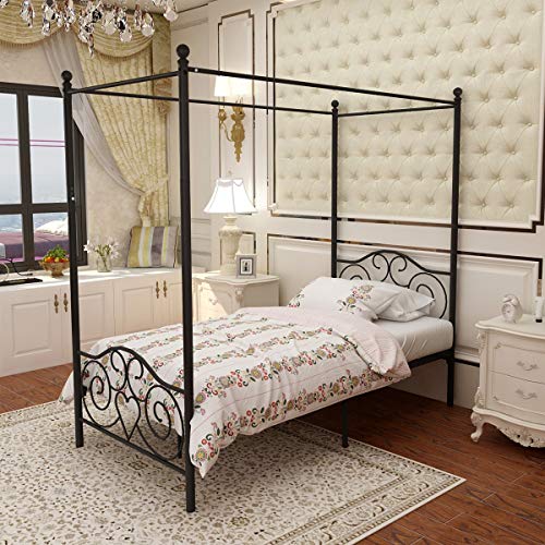 JURMERRY Metal Canopy Bed Frame Platform with Vintage Headboard and