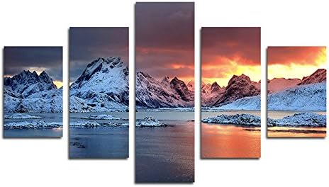 SwmArt 5 Piece Printed modular photo canvas painting snowy mountain lake nature landscape landscape wall art for living room home decor (no frame) Swm131 50 inch x30 inch