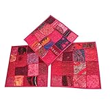 Mogul 3 Ethnic Pink Cushion Cover Patchwork Sequin Square Pillow Cases 16x16