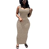 PINSV Women's Bodycon Maxi Dress Stretchy Sleeveless Tank Dress Summer Long Ribbed Casual Beach Party Dress Khaki L