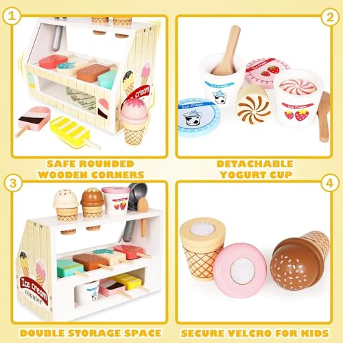 Beauenty Ice Cream Counter Playset for Kids, Montessori Pretend Play Food Toys Kitchen Accessories Wooden Popsicle Set with Scoop & Fake Cash, Ice Cream Shop Toys Toddler Learning Toy for Kids