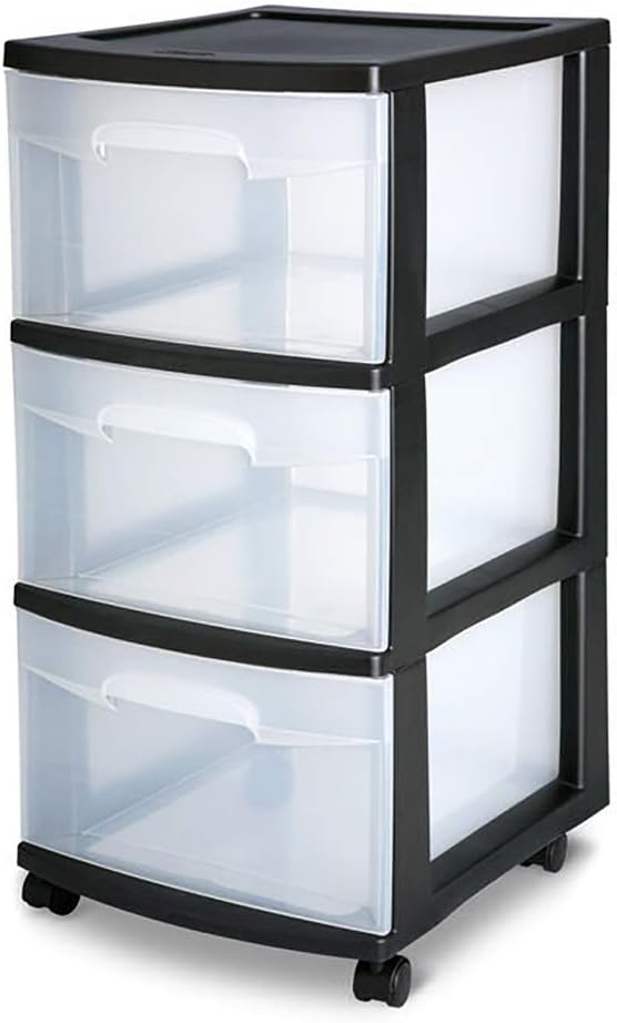 Sterilite 28309001K 3 Drawer Rolling Caster Wheel Home Organizer Storage Cart with Durable Plastic Frame, Clear Drawers, Black (4 Pack)