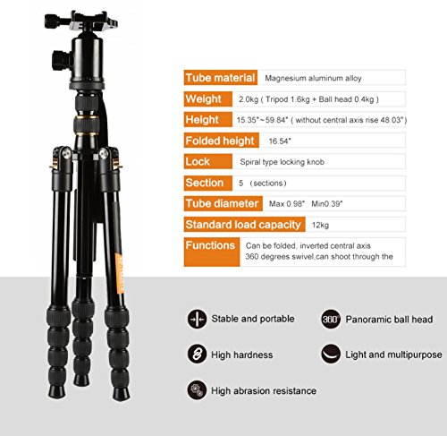 60-Inch Multi-Angle Tripod and Monopod - 360° Ball Head - Reversible Tripod Legs - Quick Release Plate - 5-Section Adjustable Legs (60" 152cm) - Thumbnail 7