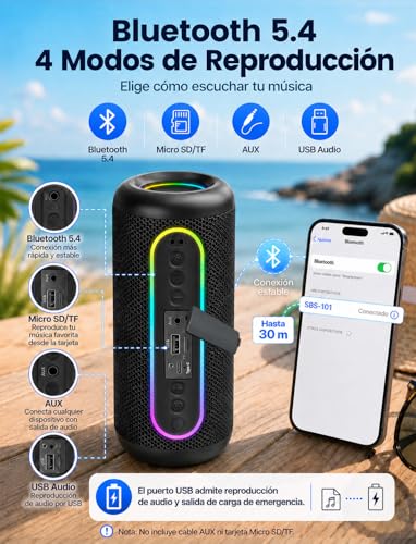 UOHHBOE Altavoz Bluetooth Portátil 30W, Sonido 360° con Graves Potentes, Bluetooth 5.4, 30H Batería, IPX5 Impermeable, Luces RGB, TWS Estéreo, USB-C, AUX, USB y TF, para Fiesta y Playa