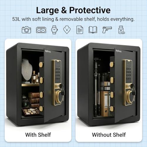 Asylosss 53L Digital Anti-Theft Safe, Shelf, Alarm, Wall Mount | Heavy-duty steel safe, 3-way access (code/key/Type-C), Removable shelf, Dual alarm, Wall-mountable, for cash jewelry office