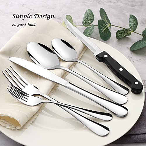 E-far Flatware Set of 24, Stainless Steel Silverware Cutlery Set for 4, Dinner Eating Utensils Include Soup Spoons Salad Forks Steaks Knives, Simple Design & Mirror Finish, Dishwasher Safe