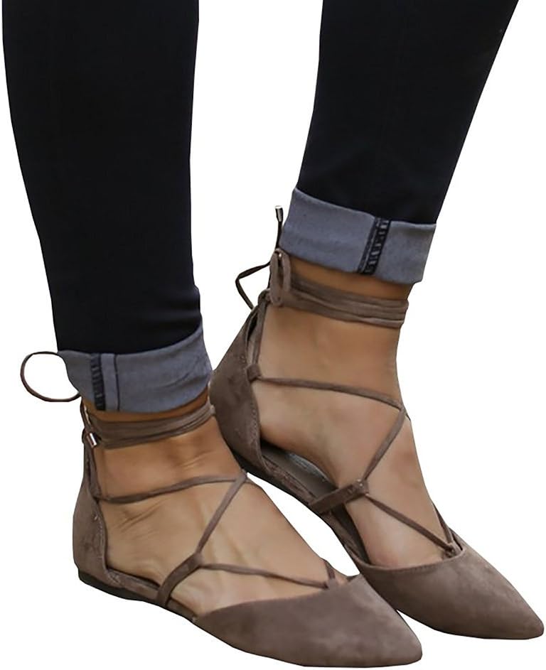 Doubleal Women Black Flats Ballet Pointed Toe Shoes Comfort Vegan Lace up