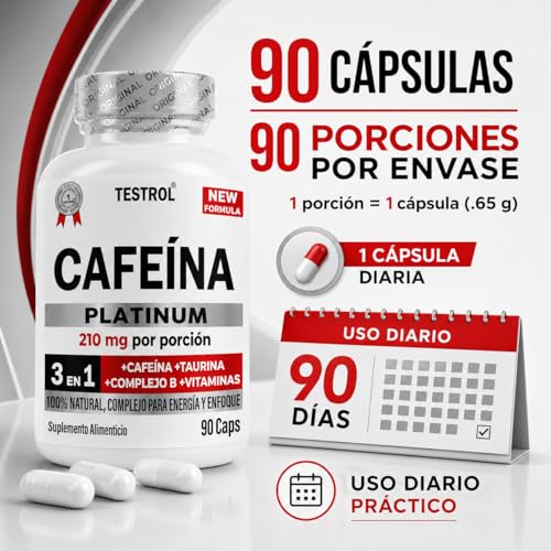 Cafeína Platinum 210mg | Fórmula con Taurina, Magnesio y Complejo B | Preentreno | Energía y Enfoque | Cafeina capsulas Testrol | 90 Cápsulas