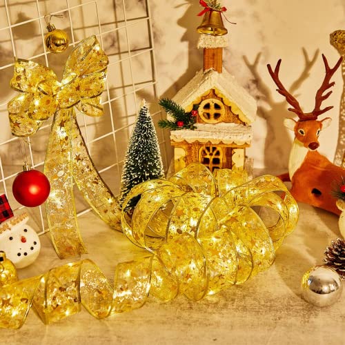 Weihnachtsband Deko Lichterkette 10M Glänzende Bänder Lichter 100 LEDs Lichterkette, Spitze Band Dekor für Weihnachten Garten Urlaub Party