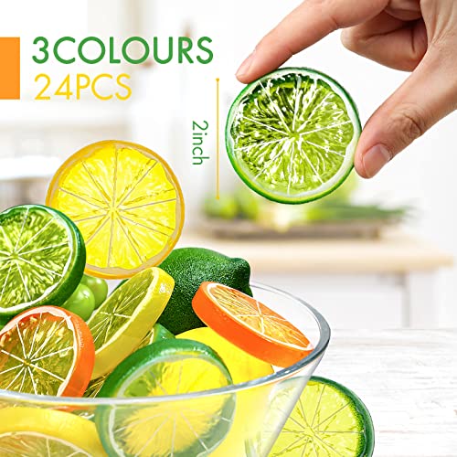 BigOtters Fake Lemon Slices, 24PCS Assorted Colors Artificial Fruits 2 Inches Fake Lemon Lime Orange Slices Faux Fruits Kitchen Decor Table Centerpiece Ornaments Themed Party Wedding Crafts Projects
