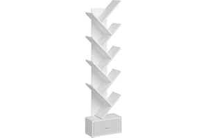 Rolanstar Bookshelf with Drawer, 9-Tier Tree Bookshelf, White Bookcase, Wooden Storage Rack for CDs/Movies/Books, Utility Org