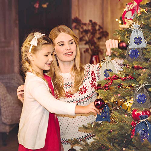 HHOOMY 24 Adventskalender zum Befüllen Selbstbefüllen Geschenktasche,24 Zahlen-Aufklebern Sackleinen Beutel für den Adventskalender zum Basteln und Befüllen, Weihnachten Basteltasche