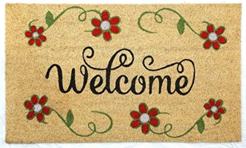 Floral Welcome Doormat by Castle Mats, Size 18 x 30 inches, Non-Slip, Durable, Made Using Odor-Free Natural Fibers