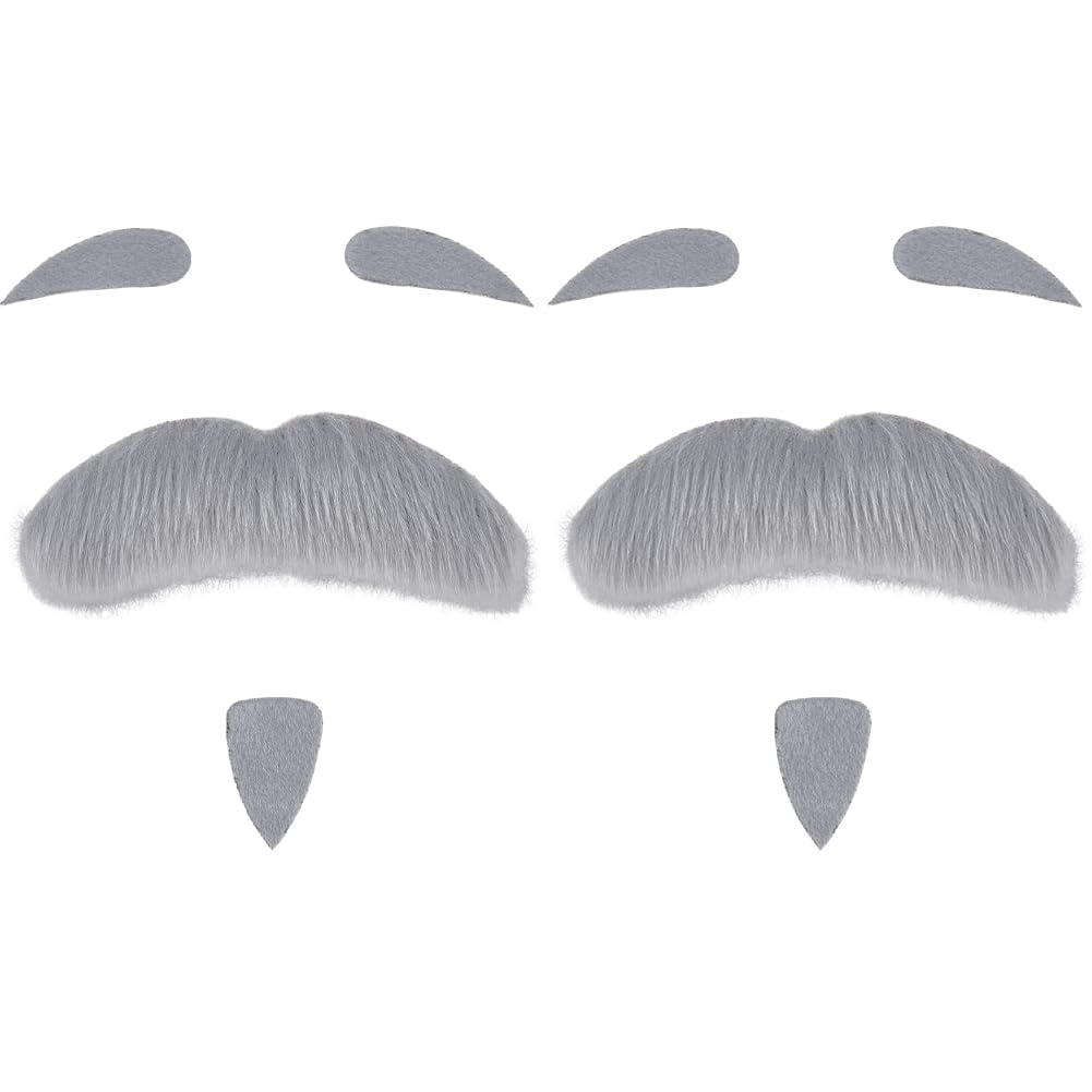 GORGECRAFT 8Pcs Fake Beards Eyebrows Set Self Adhesive Goatee Stick on Moustaches Grey Realistic Mustache Eyebrows Stickers Funny Novelty Costume Facial Hair for Halloween Fancy Dress Party Cosplay