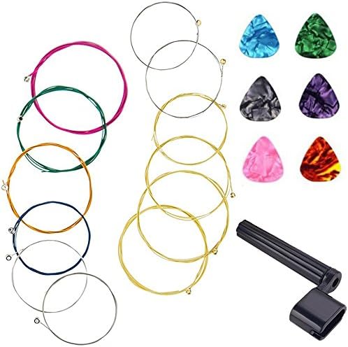 2 Sets Guitar Strings for Acoustic Guitar, Yellow and Multicolor Set Replacement Steel String with 6 Pack Celluloid Guitar Picks and 1 Pieces Pins Puller by Dearkays