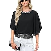 For G and PL Women's Dressy Sequin Formal Top 3/4 Dolman Sleeve Chiffon Shirt Blouses