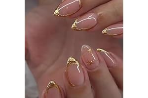 XZMeiLun Short Almond Press on Nails with French Tip & 3D Gold Line Star Design, Glossy Full Cover Acrylic False Nails with Glue, Reusable Stick - Glue on Fake Nails for Women- Fall Nail Art Gift