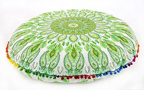 Indian Large Mandala Green Feather Tapestry Floor Pillows Round Bohemian Cushion Cover Ottoman Pouf / Pouffe Cover Meditation Floor Pillow Cover 32"