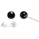 Joseph Brothers 6 MM Ball Agate Jade Earrings Studs Sterling Silver Earrings for Women, Black