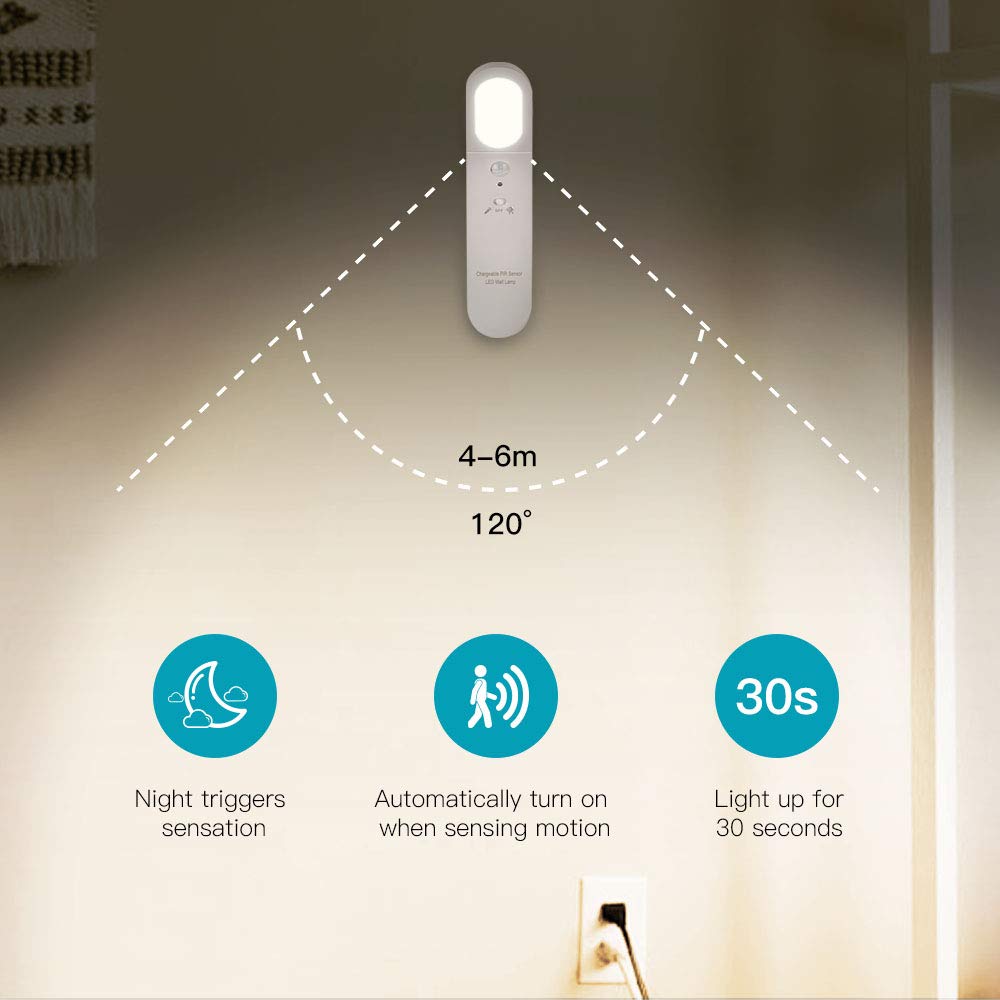 Neporal Under-Cabinet Light Rechargeable with PIR Sensor LED Motion Sensor Light Indoor 1800mAh Night Light with Dusk to Dawn Photocell Sensor for Cupborad Kitchen Stairway Bedroom