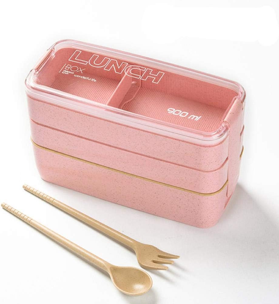 YEZINB 900ML Microwavable Lunch Box Wheat Straw Bento Box With Tableware 3 Layer Food Storage Container For Picnic Lunchbox,Pink