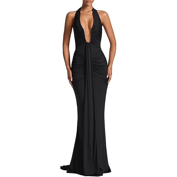 SHINFY Women Summer Halter Maxi Dress Ruched Bodycon V Neck Formal