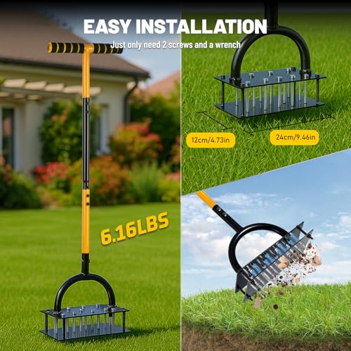 Lawn Aerator, Manual Garden Aerator for Lawn, Pre-Assembled 20 Iron Spikes, Adjustable T-Handle, Automatic Dirt and Leaf Clean Design, Garden & Grass aerator