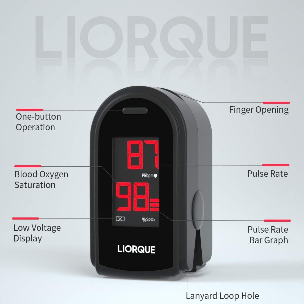 LIORQUE Pulse Oximeter Fingertip, Blood Oxygen Saturation Monitor for Pulse Rate, Heart Rate Monitor and SpO2 Level Meter, Batteries and Lanyard Included: Health & Personal Care