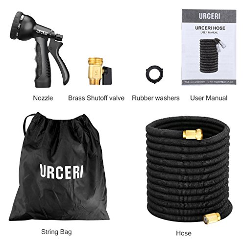 URCERI 50ft Expandable Garden Hose with 3/4 Solid Brass Fittings 8 Function Spray Nozzle Shut Off Valve Carrying Bag