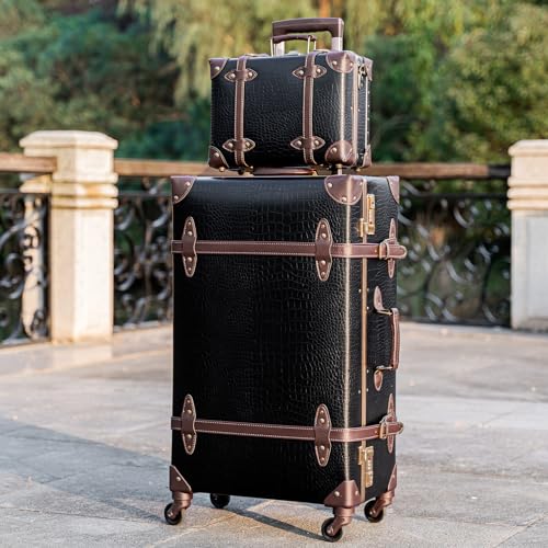 urecity Vintage Travel Suitcase Set with Digital Lock Luxury Cute Retro Cabin Luggage Sets 4 Wheels Suitcase (Black Crocodile Embossing, S(12")+L(26"))