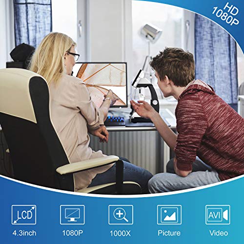 LCD Digital Microscope, FOCLEN 4.3 inch 50X-1000X Magnification Zoom 1080P 2.0 Megapixels Compound Handhled Rechargeable 8 Adjustable LED Lights Lab Microscopes Camera