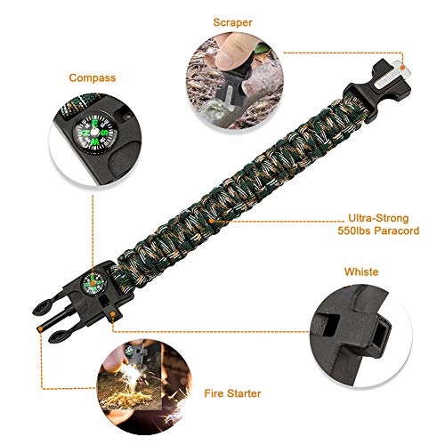 Epartswide Multifunctional Outdoor Survival Paracord Bracelet with Flint Fire Starter,Compass,Emergency Whistle&Knife/Scraper Pack of 7