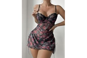 Women's Lingerie Sexy Nightwear Floral Mesh Mini Dress Lace Chemise Babydoll Black with Rose Print